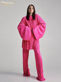 Fashion Pink Pleated Women Two Piece Outfits 2022 Elegant Loose Lace-Up Long Sleeve Shirts With Wide Pants Set