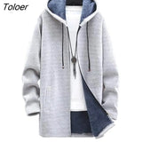 Autumn Winter Hooded Coat Men Brand Clothing Cool Mens Long Coat Plush Liner Sweater Zipper Knitted Cardigan Male