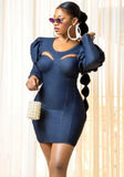 Sexy Cut Out Puff Sleeve Blue Denim Bodycon