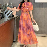 Design Wood-Like Ear-Side Bubble-Sleeved Dress Women's Waist Thin Temperament Print 100-Fold French Holiday