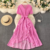 Black/White/Red Polka Dot Irregular Pleated Long Dress Women Vintage V-Neck Short Sleeve Ruffle Vestidos Spring Summer 2021