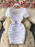 Purple/Brown/White Sexy Mesh Draped Bodycon Dress Women Elegant Square Collar Short Puff Sleeve Pleated Vestidos Female