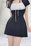 Korean Style Folds Patchwork A-line Mini Dress Preppy Casual Sweet Short Sleeve Dresses Balletcore Dark Academia