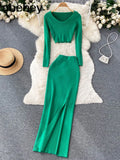 Autumn Fashion Two Pieces Suits V Neck Mini Top+ Hight Waist Slim Long Dress Women Streetwear Solid Knitted