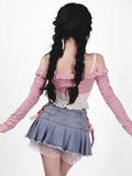 Kawaii Denim Mini Skirt Women Sexy Gyaru Pink Bow Bandage Lace Patchwork High Waist Pleated Jean Skirt Y2k Shorts