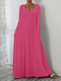 New Long Dress Casual Loose Short Sleeve Pure Color V Collar Body Size