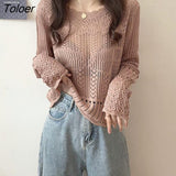 Women Knitted Hollow Out Summer Thin Fashion Loose Long Sleeve New Casual See Through Sexy Pullovers All-match