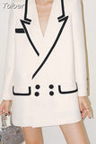 Fashion Women's Jacket Loose Notched Collar Full Sleeve Double Breasted Black Stripe White X-long Blazer 2023 New
