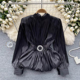 French-Style Waist-Low-Down Shirt Female Careful Machine Strap Design With A Chic Folded Lotus Leaves Hem French