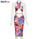 Puss 2 Piece Set Women Summer Colorful Print Halter Top+Stacked High Waist Bandage Skirts Matching Skinny Stretchy