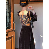Velvet Black Dress Lady Square Collor Long Sleeve Eveing Party Midi Dress Women Casual One Piece Dress Korea 2021