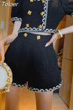 Chic Vintage Tweed 2 Piece Sets Women Outfits Short Sleeve Tweed Cropped Top Shorts Sets Fashion Two Piece Pant