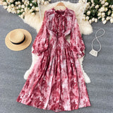 Autumn Women Blue/Red/Black Printed Party Dress Bohemian Puff Long Sleeve High Waist Ruffle Collar Midi Robe Female Vestidos