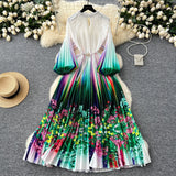 Elegant Dress Women Fashion Nail Ball Collar Hollow Pressure Folding Lantern Sleeves To Print Long