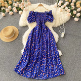 Women Chiffon French Style Dress Summer 2022 Slash Neck Vacation Elastic Waist Elegant Party Slim A Line Long