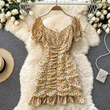 2021 Summer Chiffon Floral Dress Women Sexy Short Beach Dresses French Boho Daisy Print Vacation Party Ruched