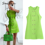 Woolen Tweed Dress Green Sleeveless Spring Vintage Office Ladies Short Dresses Za 2021 Women Blazer Robe Femme