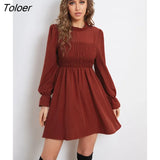 Puff Sleeve Dress Women Elegant Casual Red Short Dress Spring Autumn Fashion A-line Ruched Solid Dresses For Women