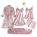 Women Summer Ice Silk Sexy Hot Home Clothes Spring And Autumn Long-Sleeved Thin Five-Piece Set