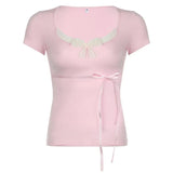 Lace Trim Bow Splice V Neck Long Sleeve Tee-Outfit