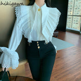 Temperament Tops Fashion White Blouses for Women Chic Flare Sleeve Pointed Collar Shirts Vintage Elegant Blusas De