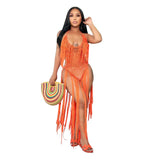 Toloer New Women's Long Tassel Hollow Knit One-Piece Swimsuit-Outfit