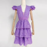 Summer Ruched Dress For Women V Neck Flying Sleeve High Waist Cut Out Solid Mini Dresses Female Clothes Fashion