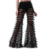 Pants for Women y2k Aesthetic Solid Color See Through Mid Waist Wide Leg Bell-bottoms Ruffle Tiered Trousers