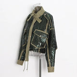 2023 Autumn Women's Autumn jackets New Fashion Round Neck Loose Zipper Pocket Long Sleeve Sequined Short Coat Female
