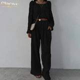 Sexy Beige Crop Shirts Womens Two Peice Sets Casual Loose Pleated Pants Set Female Summer High Waist Wide Trouser