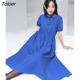 Women Dress 2022 Summer Short Sleeve Polo Neck Loose A Line Klein Blue Collect Waist Pleated Casual Basic Chic