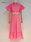 Pink Cut Out Dress For Women Lapel Short Sleeve High Waist Solid Loose Midi Dresses Female Korean Fashion