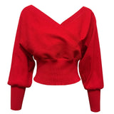 Women Knitting Sweaters V-Neck Lantern Sleeve Loose Streetwear Casual Femme Thick Warm Pullovers Knitwear