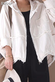Korean Denim Jacket Female Hooded Long Sleeve Pockets Asymmetric Frayed Coat Women 2023 Casual Fashion