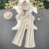 Gray West Assembly V-Neck Double Buckle Vest Sleeveless Waist Blouse + High Waist-High-Scretch Broad-Legged Trousers
