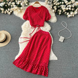 Summer Women Polka Dot Chiffon Two Piece Set Vintage V-Neck Bandage Short Tops + High Waist Mermaid Skirt 2Pcs Suits New