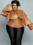 Plus Size High Neck Ruffles PU Leather Long Sleeve
