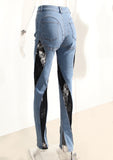 Fashion Women's Jeans High Waist Contrast Color Black Lace Patchwork Slim Denim Pencil Pants Summer 2023 New Tide