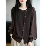 2025 New Thick Solid-Colored Cashmere Knitted Shirt Women High-Collar Short-Sleeve Loose Lazy