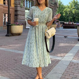 Party Women floral print dress Elegant women puff sleeve a line v neck sash dress High waist work wear office lady dress