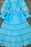 Vintage Solid Long Dress For Women Slash Neck Flare Sleeve Patchwork Edible Tree Fungus Cut Out Dresses Female 2023