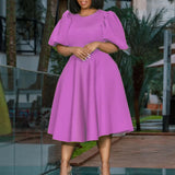 Round Collar Temperament Bubble Sleeves To Close The Waist Of Elegant A-Character