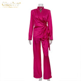Balck Casual Satin Women Sets Autumn Long Sleeve Blazers With Wide Leg Pants Set Elegant Lace-Up 2 Piece Trousers
