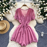 Women's Seaside Beach Pants Summer Dress New V-Neck Bubble Sleeves With Broad Legs