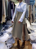 Spring Irregular Sashes Mid Calf Women Pleated Skirt Khaki Pleated Skirt Vintage High Waist Casual Skirts Female Faldas