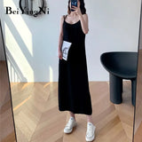Black Spaghetti Strap Dress Long Casual Backless Basic Chiffon Casual Sexy Korean Elegant Maxi Party Dress
