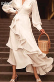 Plain Dress For Women V Neck Long Sleeve High Waist Bandage Sexy Midi Dresses Female 2023 Spring Fashion Clothing