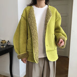 Winter Women Fashionable Soft Double-Sided Wearable Imitate Lambswool Coat Loose Padded Cocoon Woolen