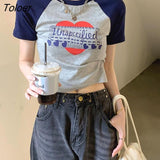 Retro Letter T Shirt Women Slim Students Skinny Printed Short Sleeve T-shirts Harajuku Crop Tops Panelled Clothes