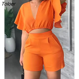Piece Sets Womens Outifits Summer Lounge V-Neck Flutter Sleeve Crop Top & Shorts Set Fashion Multicolor Casual